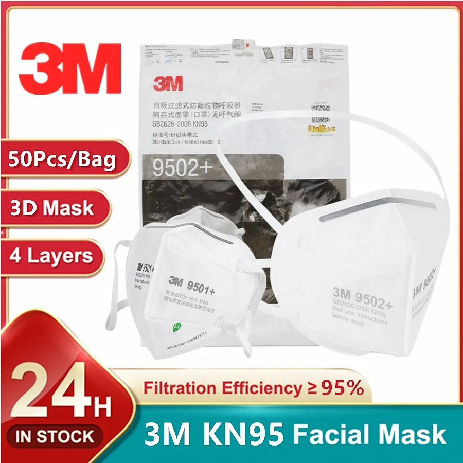 3M Mask 9502+ - 50ชิ้น/ถุง3M KN95หน้ากากปิดหน้า9501 +/9502 + ที่คาดศีรษะแบบนำมาใช้ใหม่ได้สำหรับผู้ใหญ่ได้รับการอนุมัติอนุภาควงนุ่มกว้าง95% กรอง