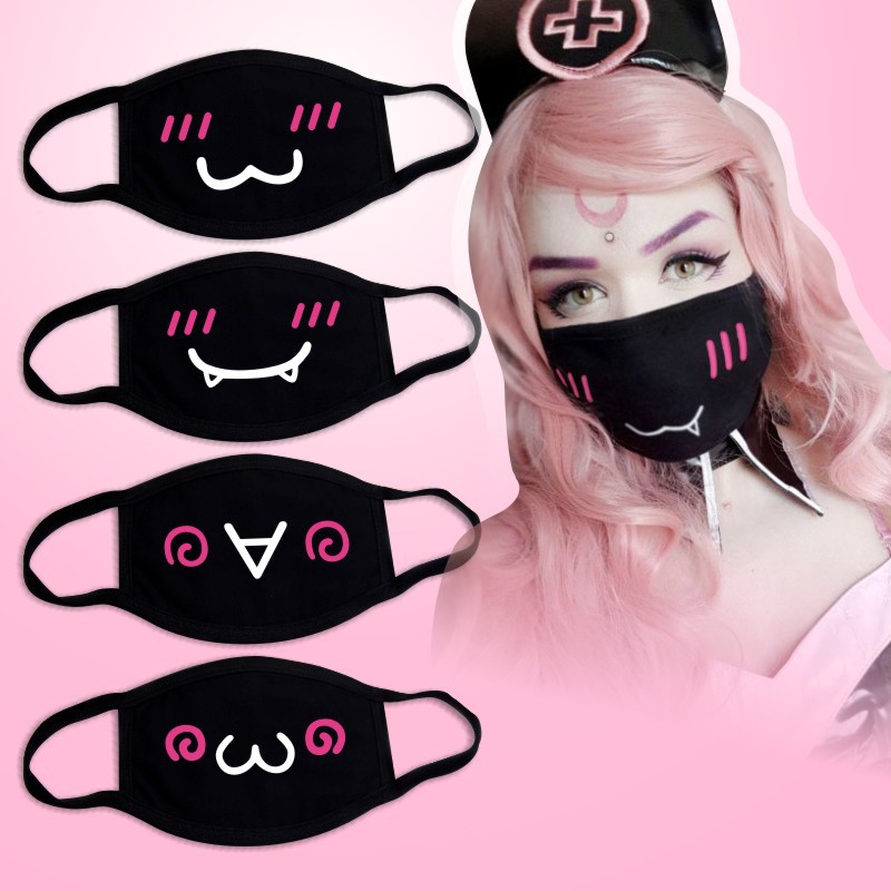 Respirator Half Face - หน้ากากผ้าฝ้ายสีดำไม่จำกัดเพศฤดูหนาวอบอุ่นหนาครึ่งหน้าปากหน้ากากผ้าฝ้ายรูปแบบการ์ตูนป้องกันฝุ่นหน้ากากป้องกันการหายใจ